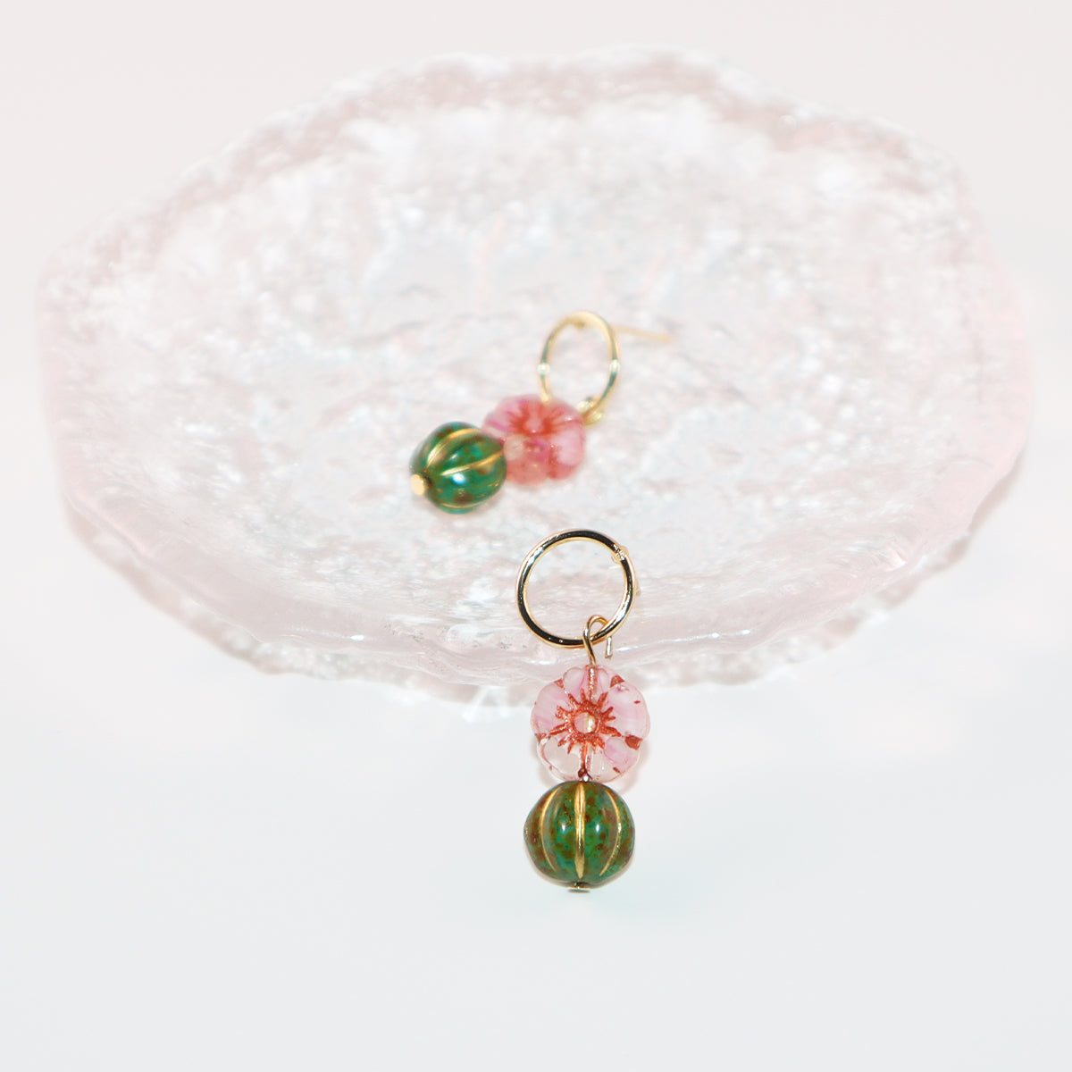 Beaded Stud Earrings – Pink Flower with Green Beaded Drop