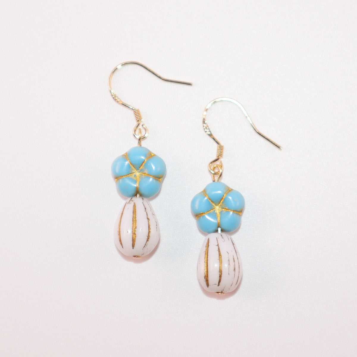 Blue Beaded Flower Earrings – Blue and White  Beads