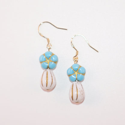 Blue Beaded Flower Earrings – Blue and White  Beads