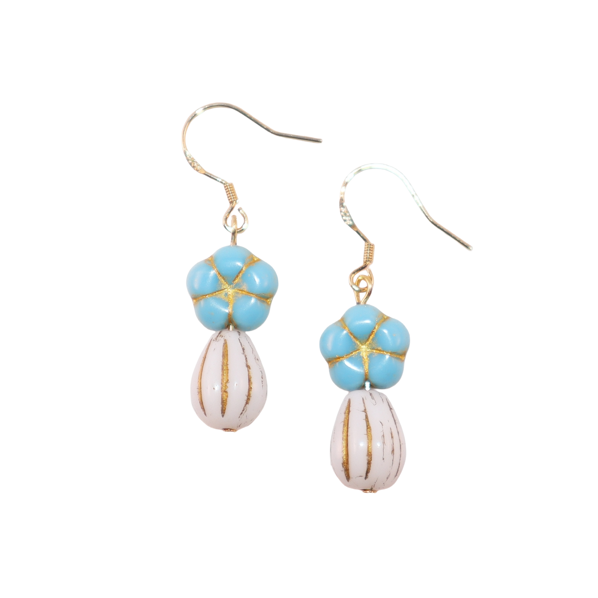 Blue Beaded Flower Earrings – Blue and White  Beads