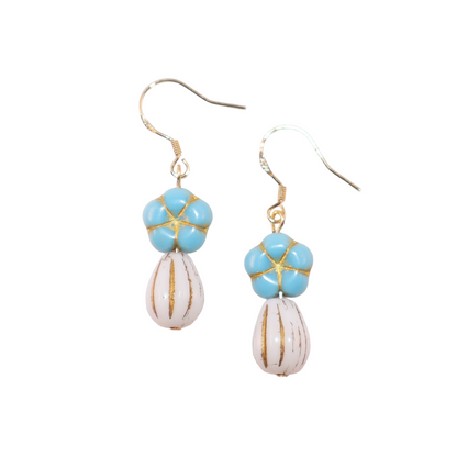 Blue Beaded Flower Earrings – Blue and White  Beads
