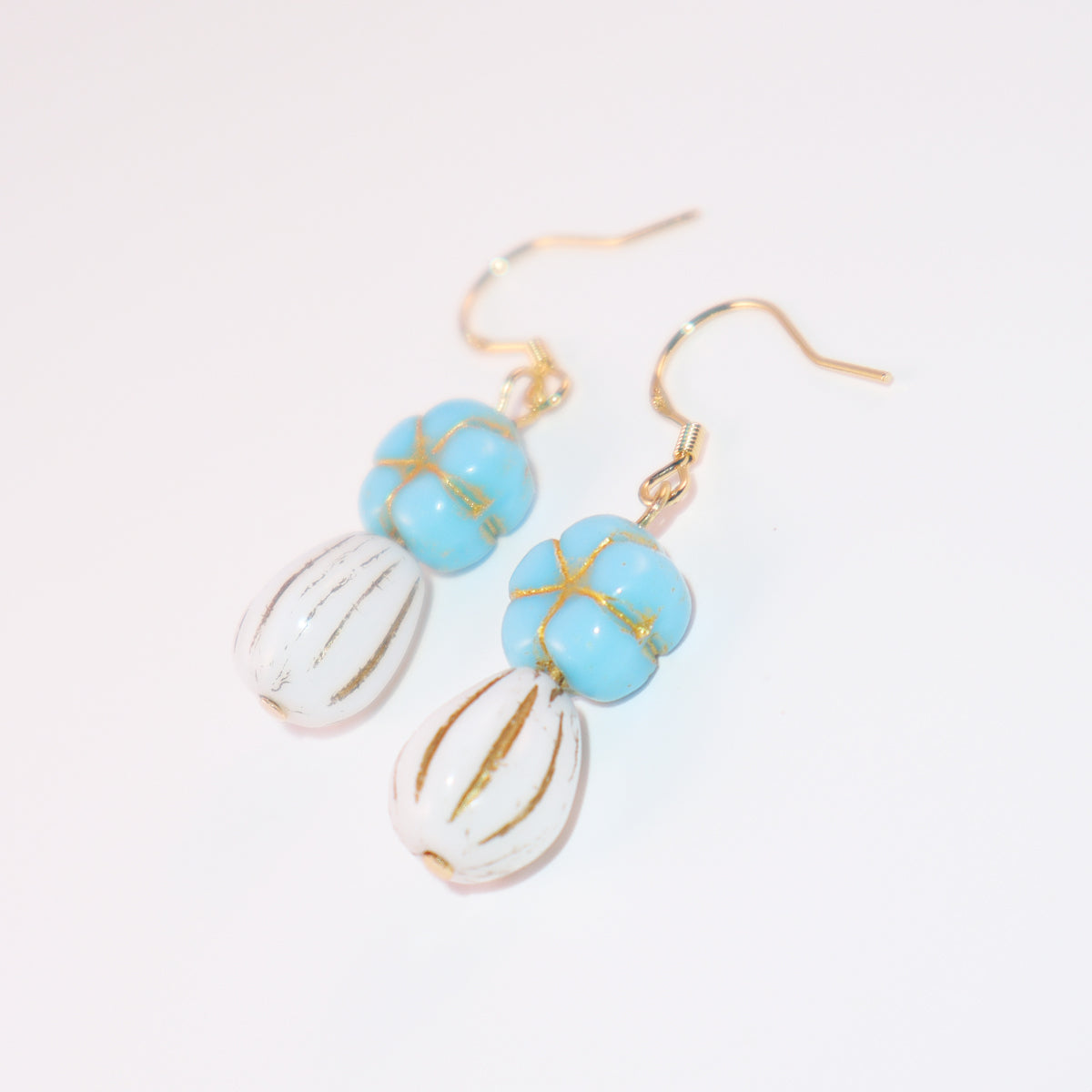 Blue Beaded Flower Earrings – Blue and White  Beads