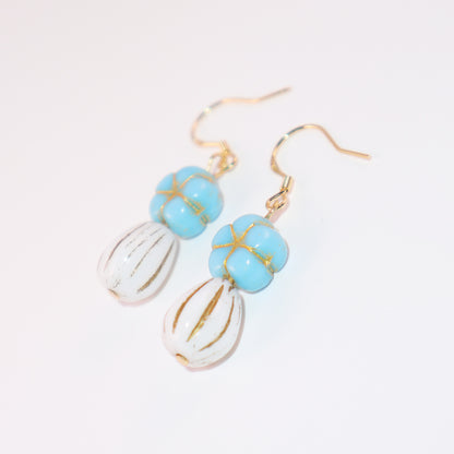 Blue Beaded Flower Earrings – Blue and White  Beads