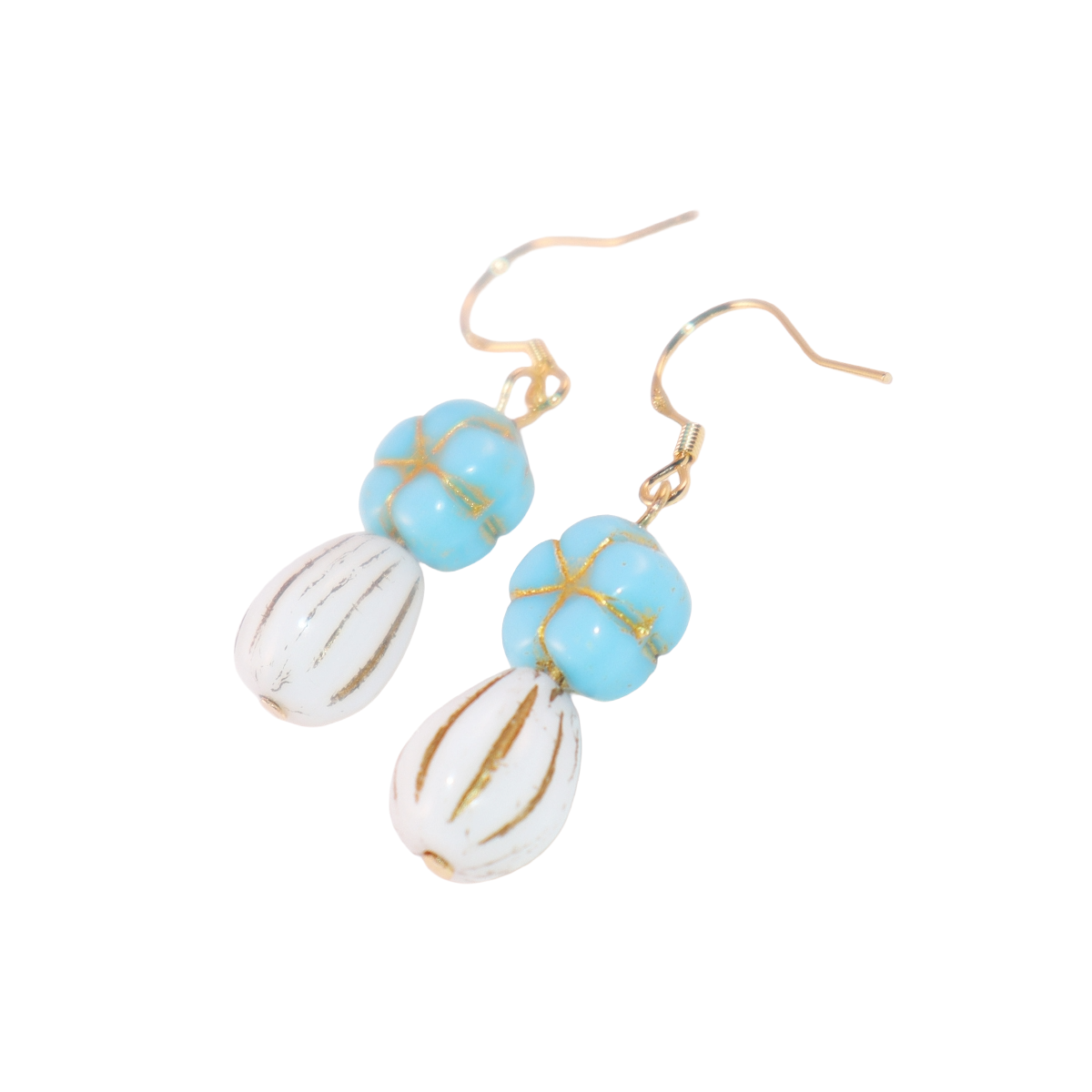 Blue Beaded Flower Earrings – Blue and White  Beads