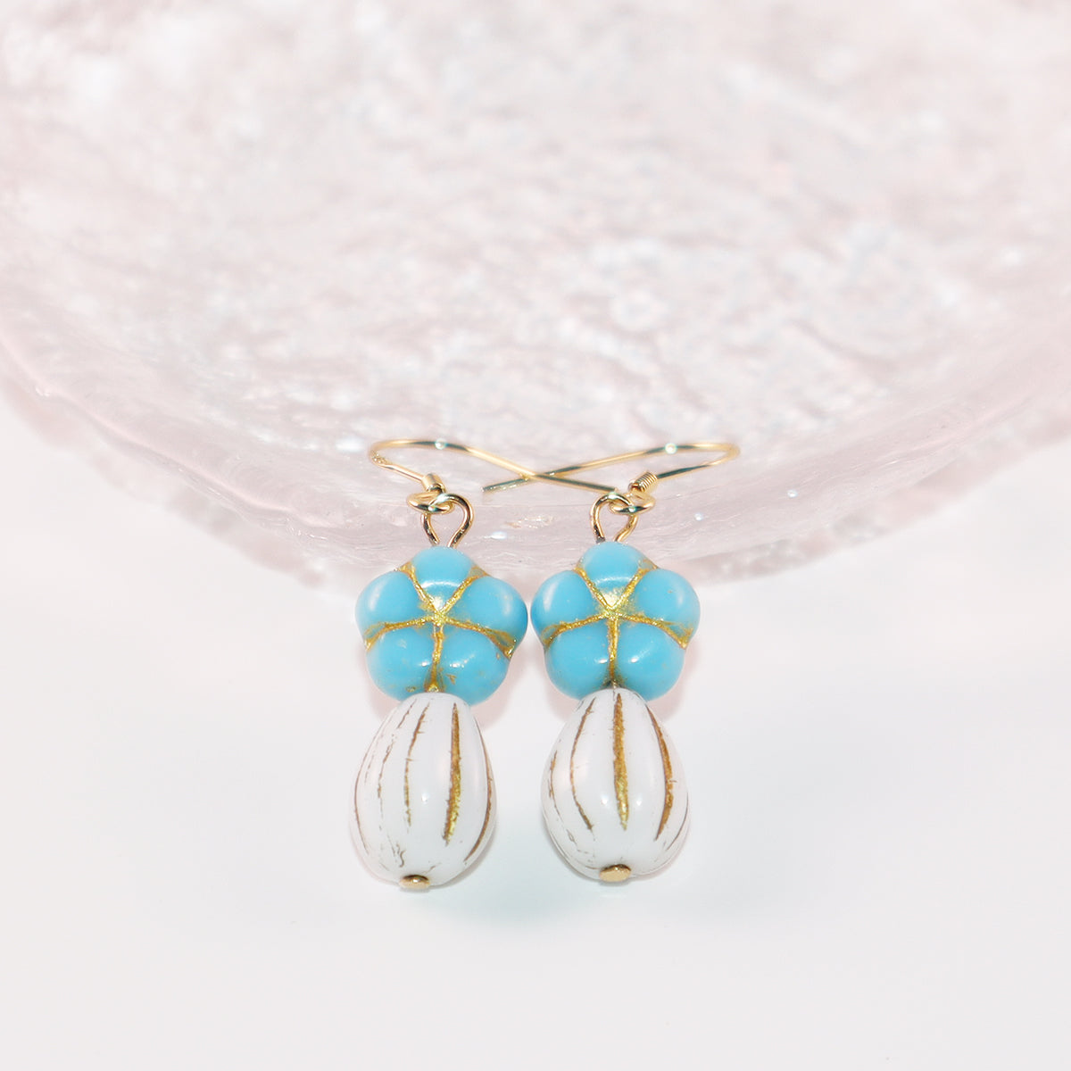 Blue Beaded Flower Earrings – Blue and White  Beads