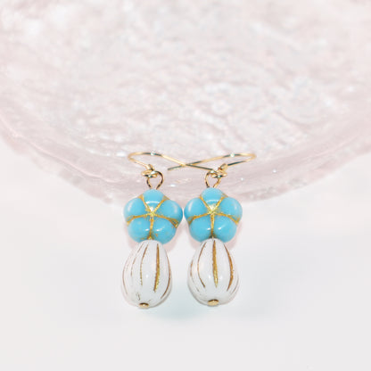 Blue Beaded Flower Earrings – Blue and White  Beads