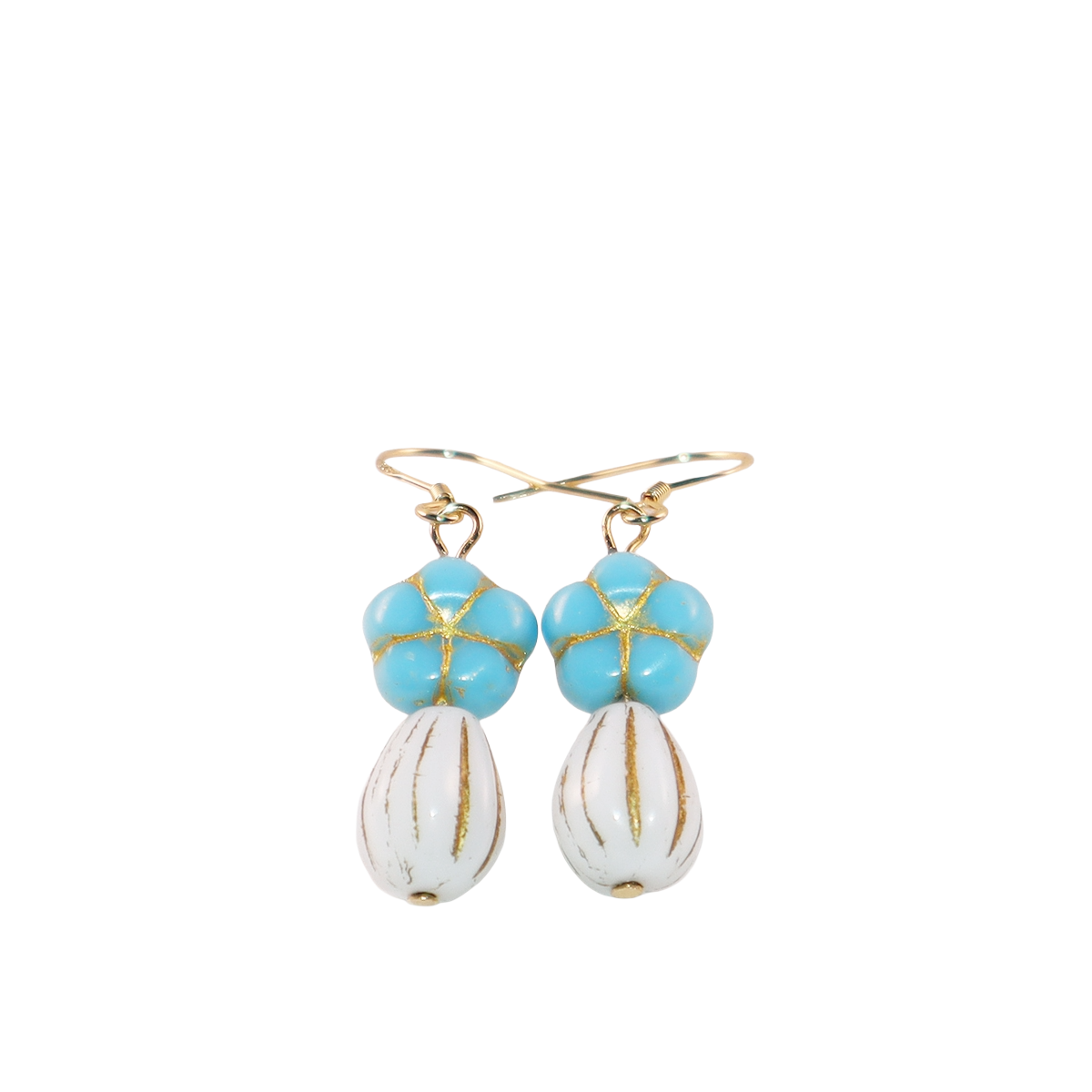 Blue Beaded Flower Earrings – Blue and White  Beads