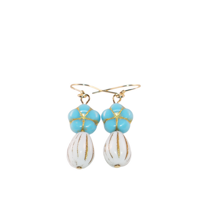 Blue Beaded Flower Earrings – Blue and White  Beads