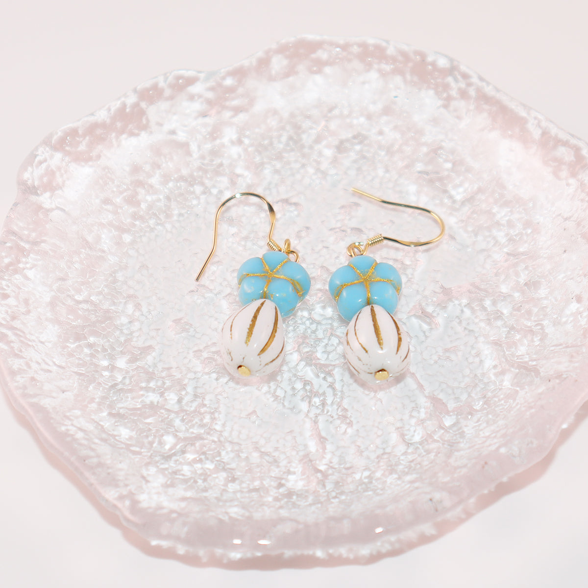 Blue Beaded Flower Earrings – Blue and White  Beads