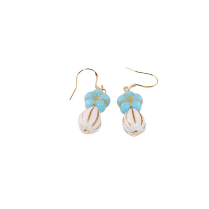 Blue Beaded Flower Earrings – Blue and White  Beads