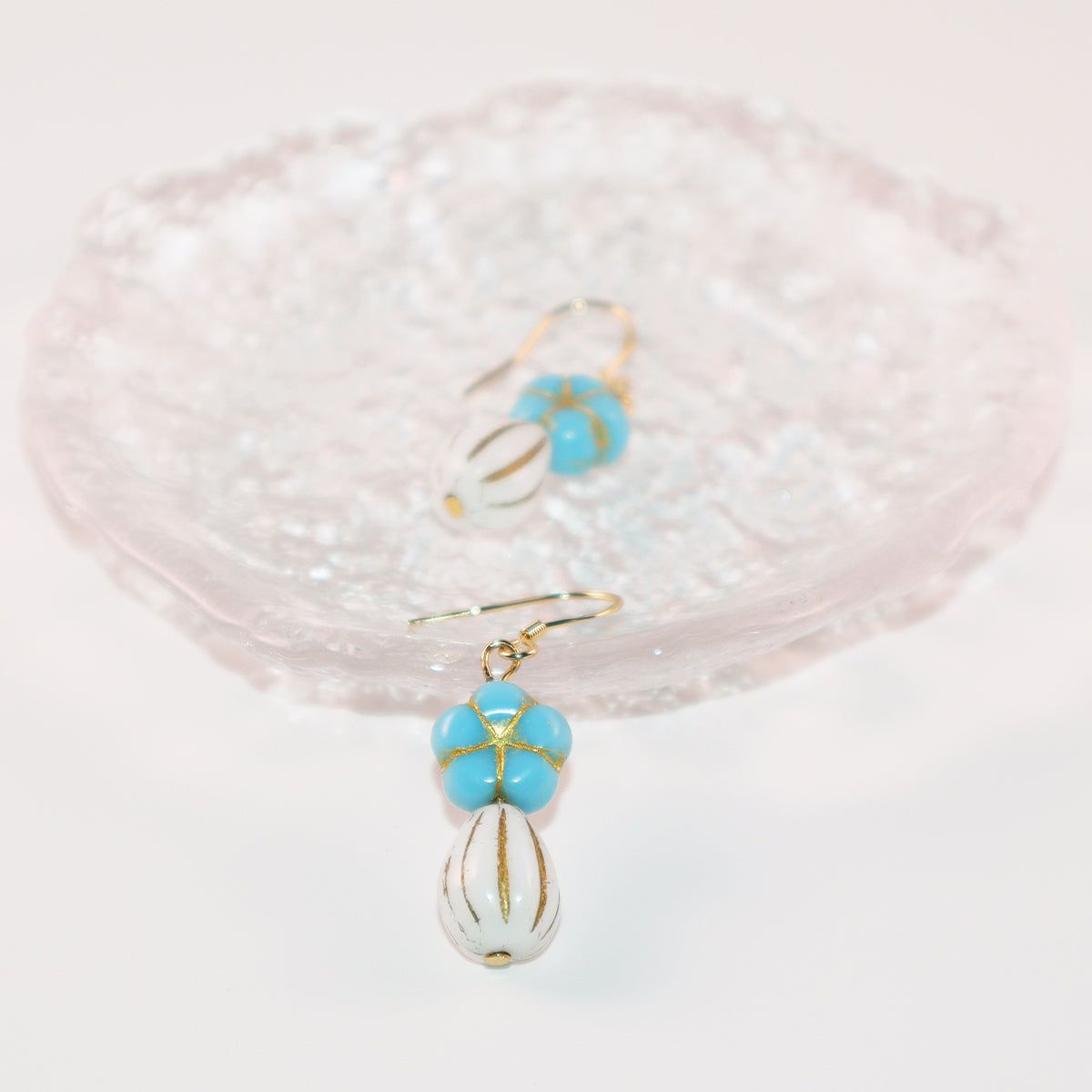 Blue Beaded Flower Earrings – Blue and White  Beads