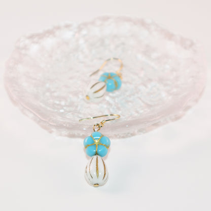 Blue Beaded Flower Earrings – Blue and White  Beads
