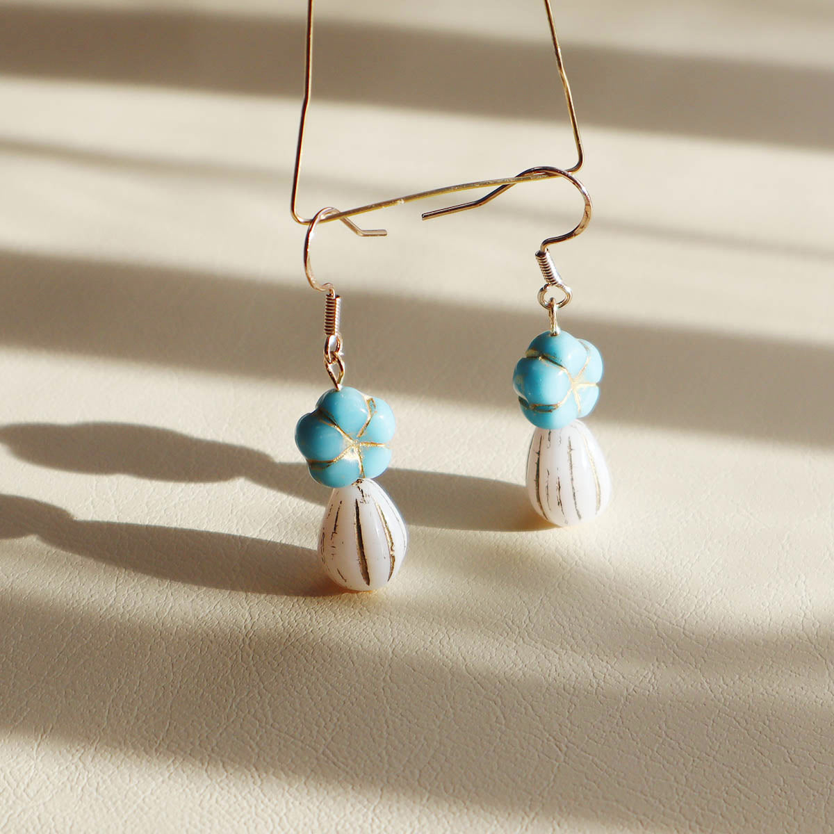 Blue Beaded Flower Earrings – Blue and White  Beads