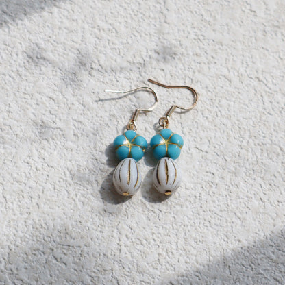 Blue Beaded Flower Earrings – Blue and White  Beads