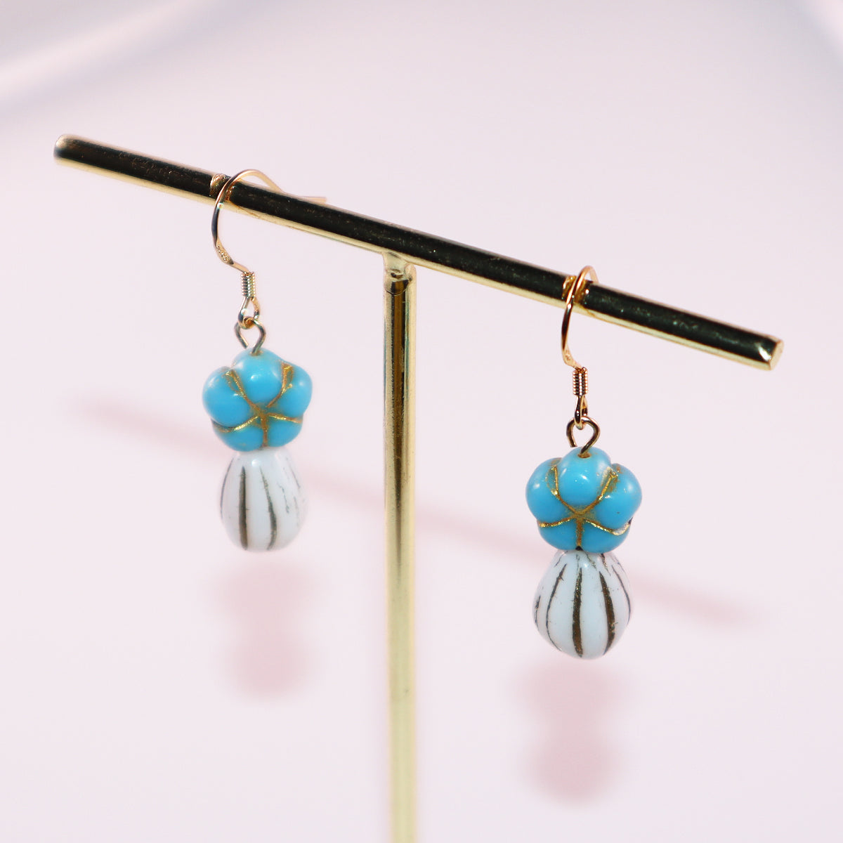 Blue Beaded Flower Earrings – Blue and White  Beads