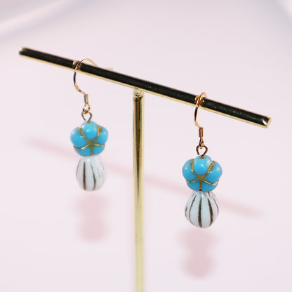 Blue Beaded Flower Earrings – Blue and White  Beads