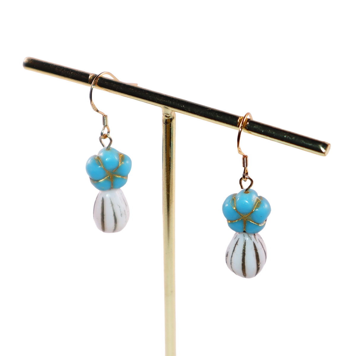 Blue Beaded Flower Earrings – Blue and White  Beads