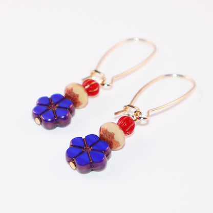 Blue Flower Beaded Earrings – Champagne and Red Beads