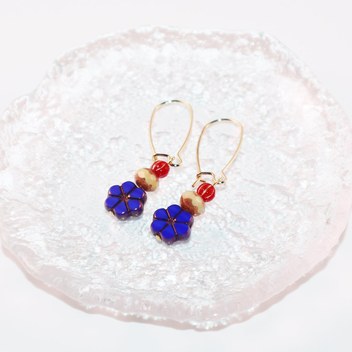 Blue Flower Beaded Earrings – Champagne and Red Beads