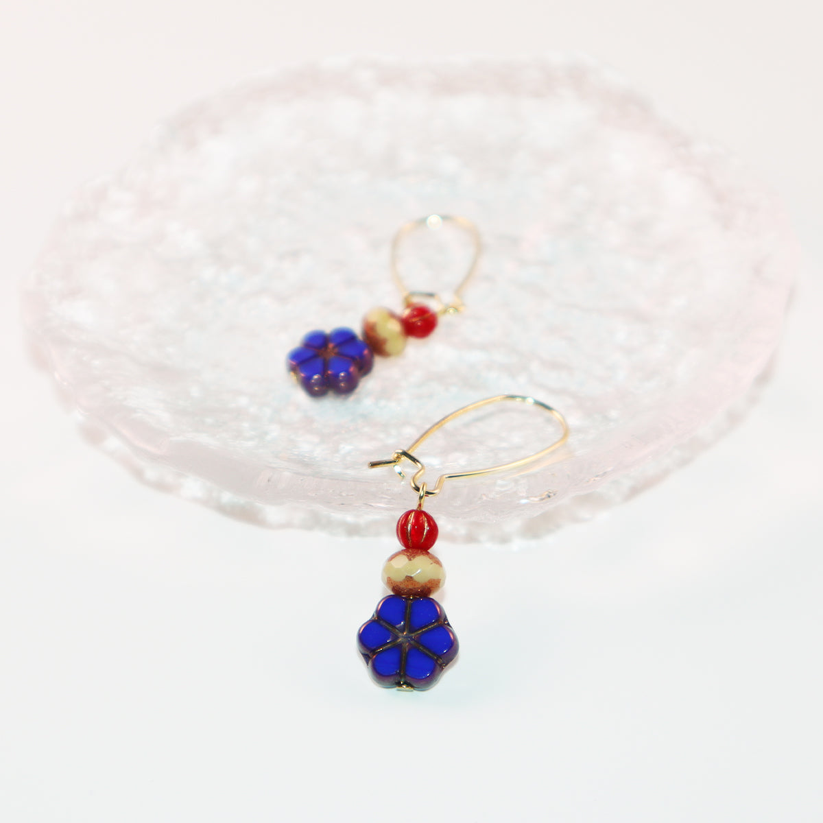 Blue Flower Beaded Earrings – Champagne and Red Beads
