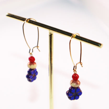 Blue Flower Beaded Earrings – Champagne and Red Beads