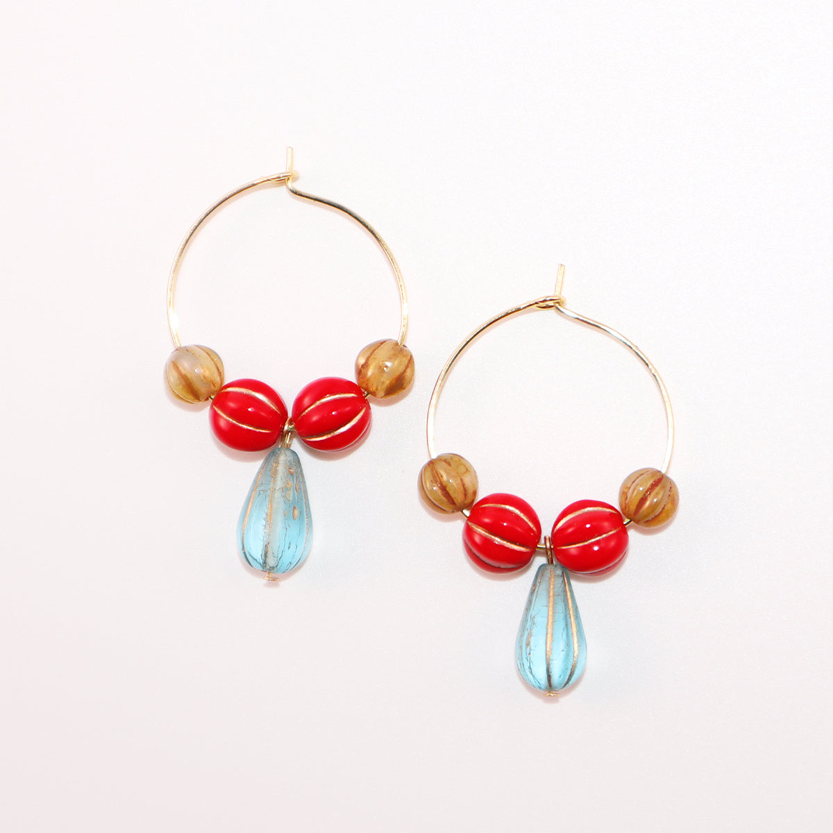 Blue Pendant Bead Hoop Earrings – Red and Brown Beads