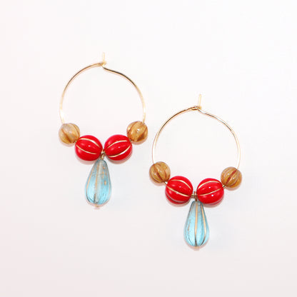 Blue Pendant Bead Hoop Earrings – Red and Brown Beads