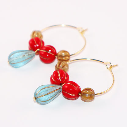 Blue Pendant Bead Hoop Earrings – Red and Brown Beads