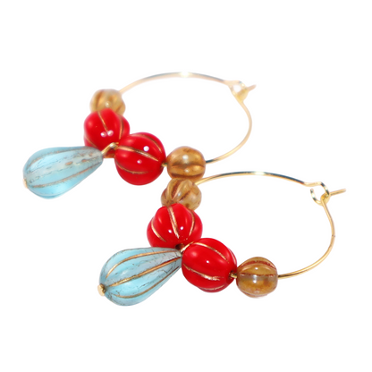 Blue Pendant Bead Hoop Earrings – Red and Brown Beads