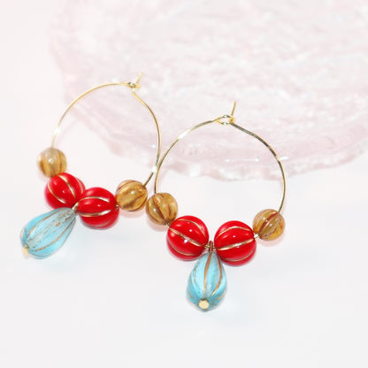 Blue Pendant Bead Hoop Earrings – Red and Brown Beads