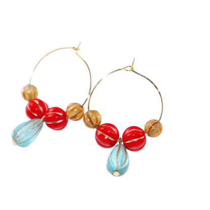 Blue Pendant Bead Hoop Earrings – Red and Brown Beads