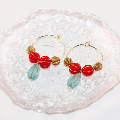 Blue Pendant Bead Hoop Earrings – Red and Brown Beads
