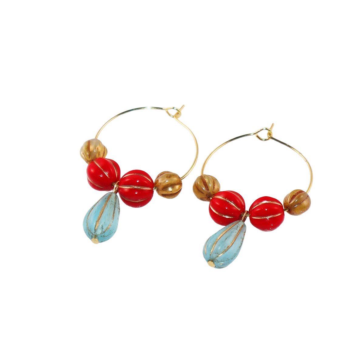 Blue Pendant Bead Hoop Earrings – Red and Brown Beads