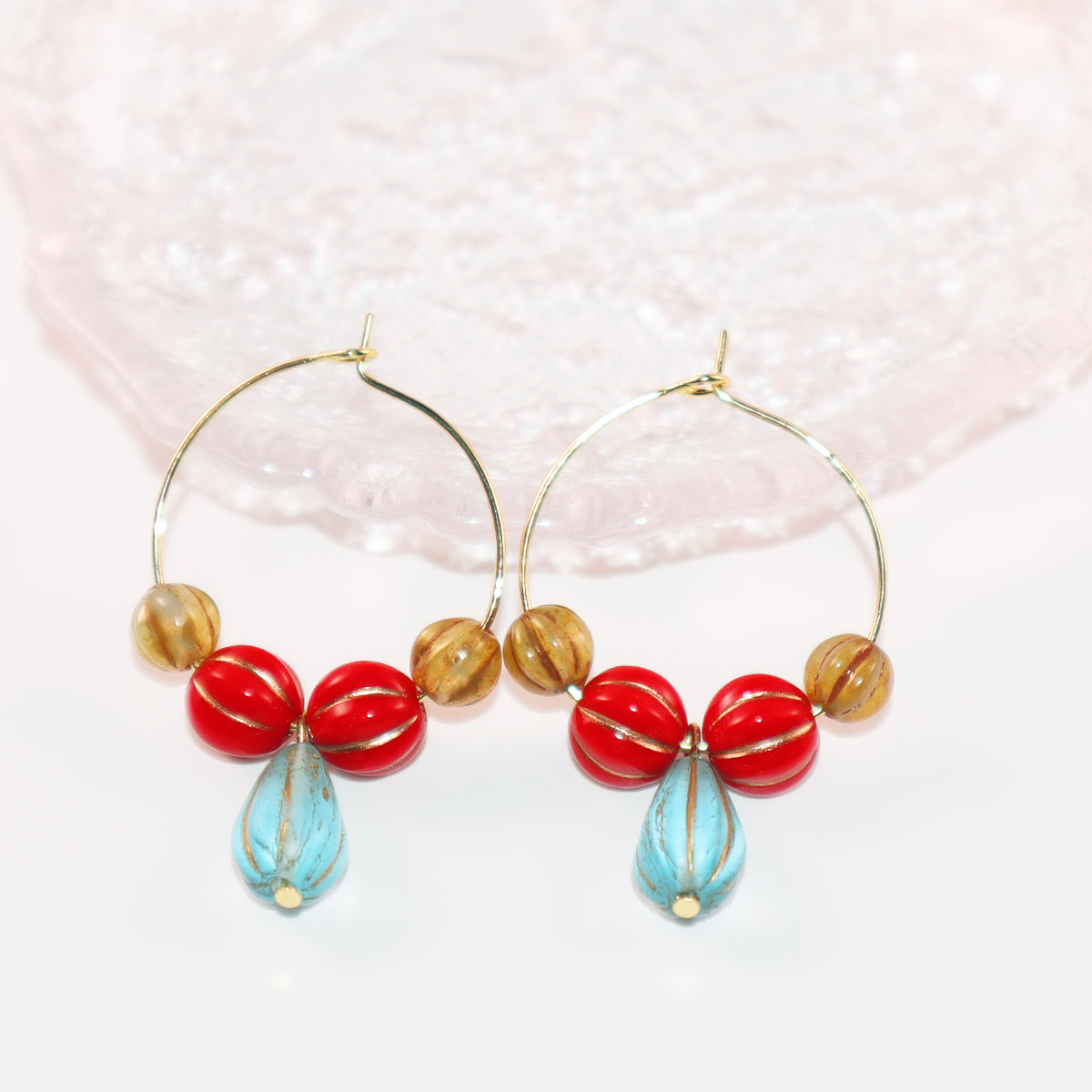 Blue Pendant Bead Hoop Earrings – Red and Brown Beads