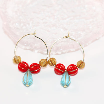 Blue Pendant Bead Hoop Earrings – Red and Brown Beads