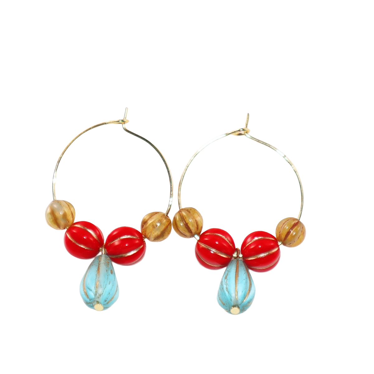 Blue Pendant Bead Hoop Earrings – Red and Brown Beads