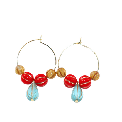 Blue Pendant Bead Hoop Earrings – Red and Brown Beads