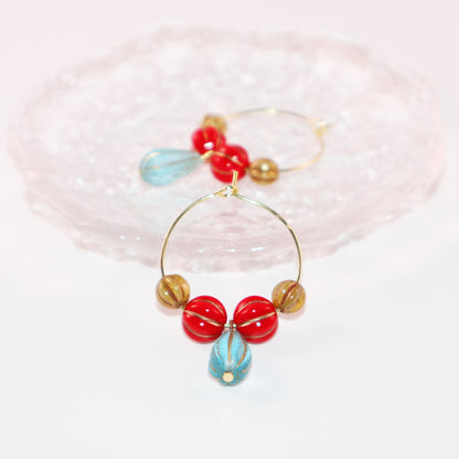 Blue Pendant Bead Hoop Earrings – Red and Brown Beads