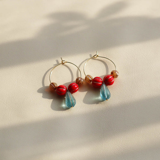 Blue Pendant Bead Hoop Earrings – Red and Brown Beads