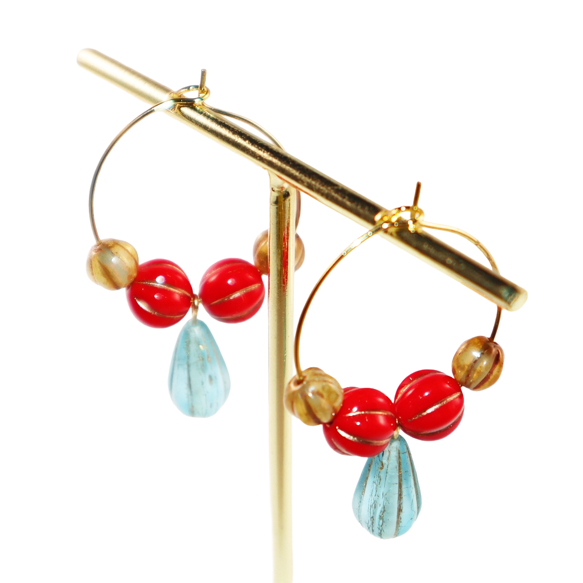 Blue Pendant Bead Hoop Earrings – Red and Brown Beads