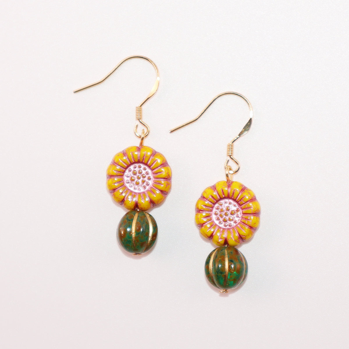 Boho Bead Earrings – Yellow Flowers and Vintage Green Beads