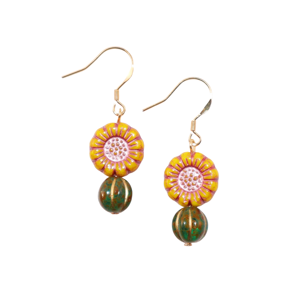 Boho Bead Earrings – Yellow Flowers and Vintage Green Beads