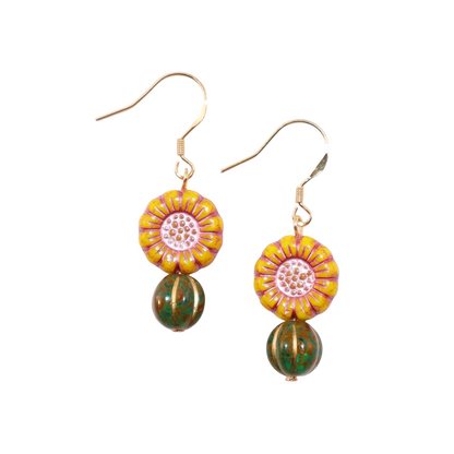 Boho Bead Earrings – Yellow Flowers and Vintage Green Beads