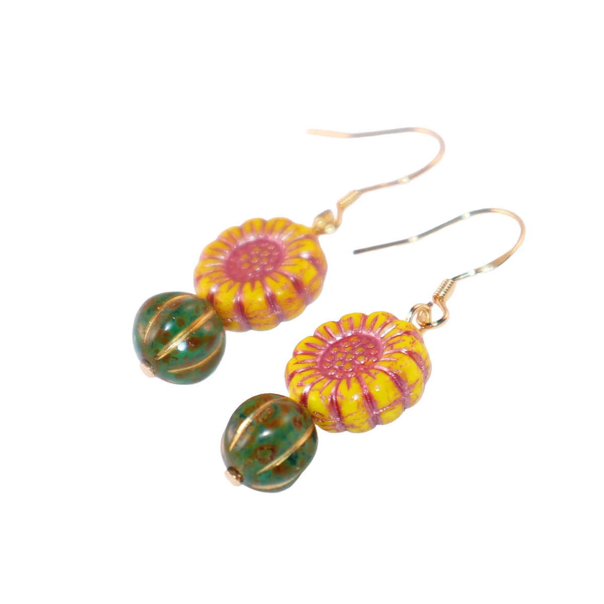 Boho Bead Earrings – Yellow Flowers and Vintage Green Beads