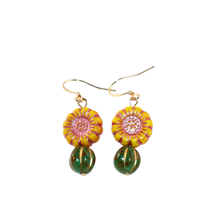 Boho Bead Earrings – Yellow Flowers and Vintage Green Beads