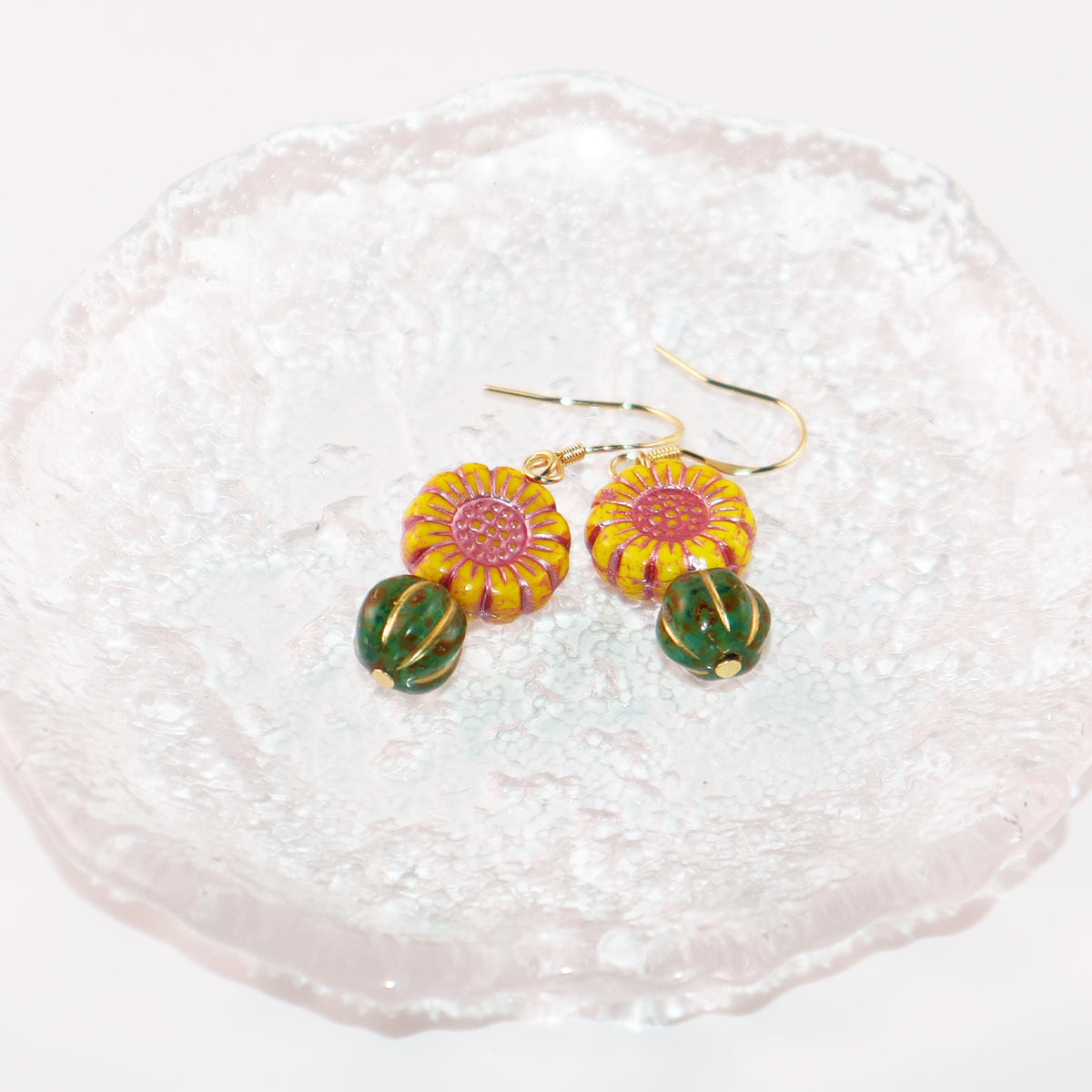 Boho Bead Earrings – Yellow Flowers and Vintage Green Beads