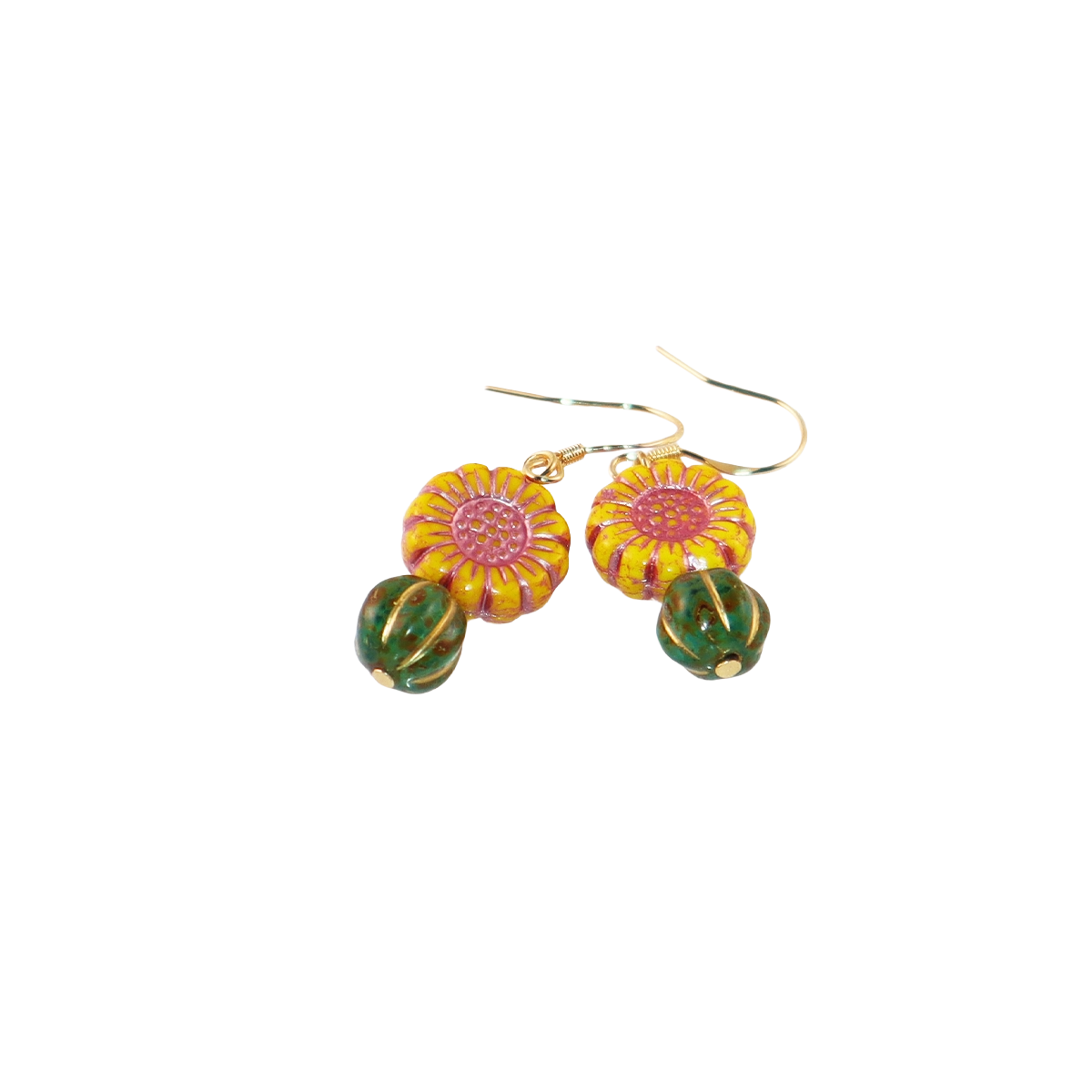 Boho Bead Earrings – Yellow Flowers and Vintage Green Beads