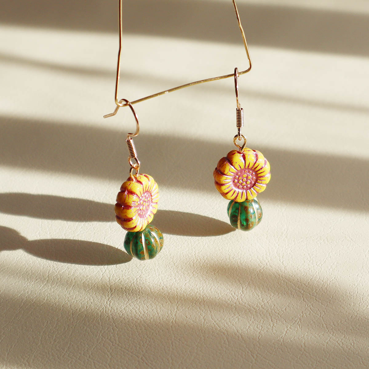 Boho Bead Earrings – Yellow Flowers and Vintage Green Beads
