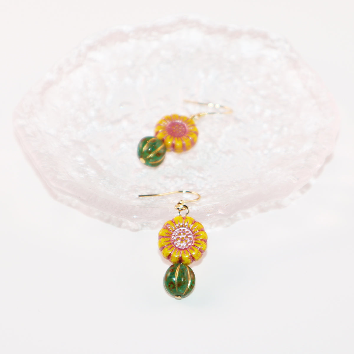 Boho Bead Earrings – Yellow Flowers and Vintage Green Beads