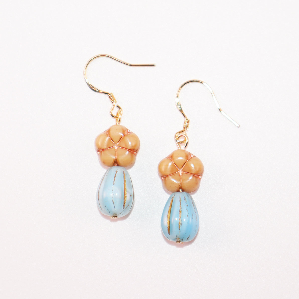 Champagne Floral Earrings – Blue Beaded Accents